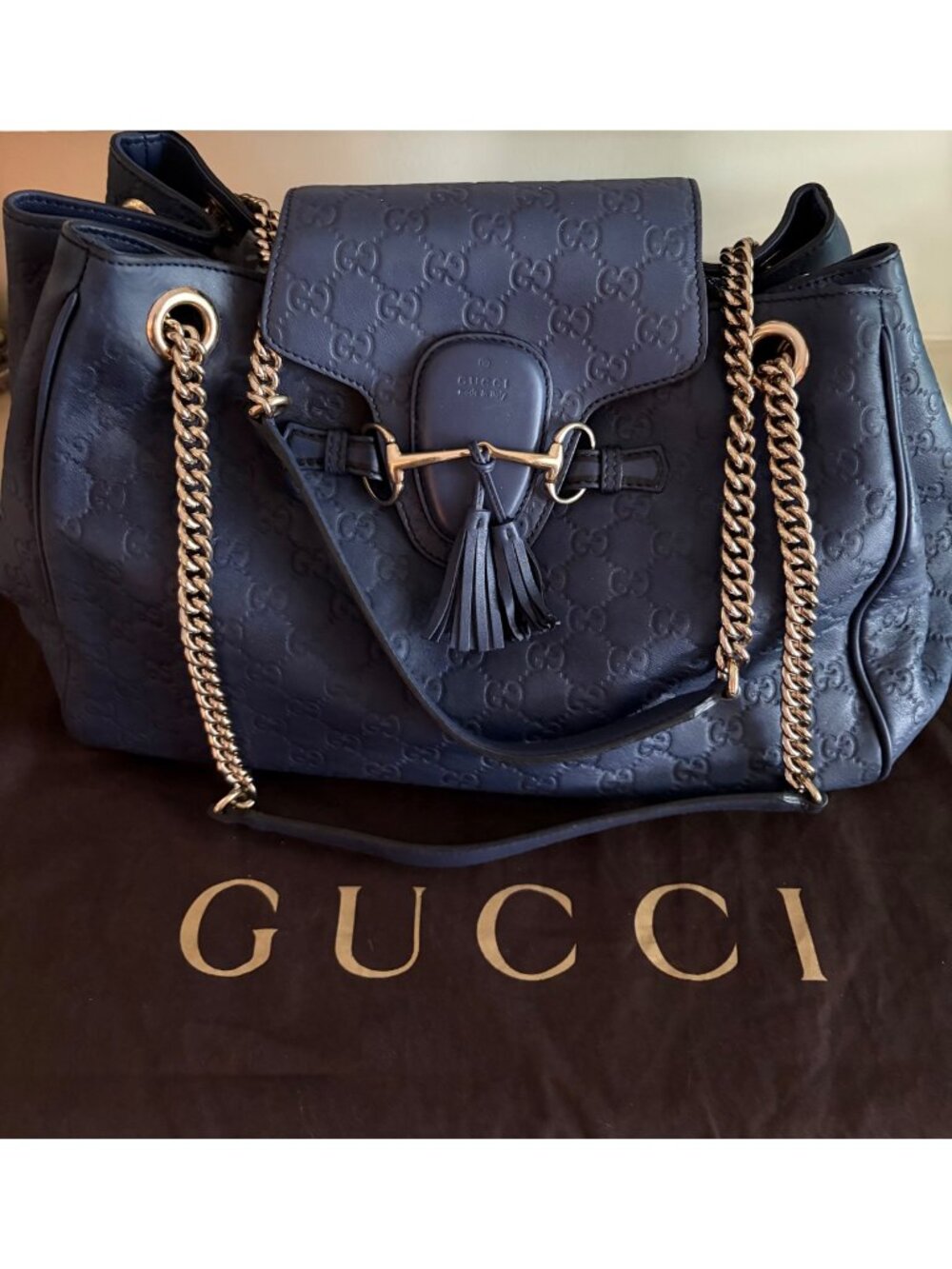 GUCCI Guccissima GG Monogram Leather Emily Navy Blue Hobo Chain Link Flap Bag